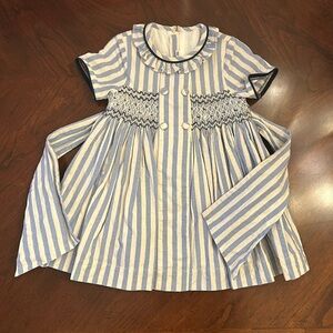 Smocked Blue and White Striped Tie Back Dress